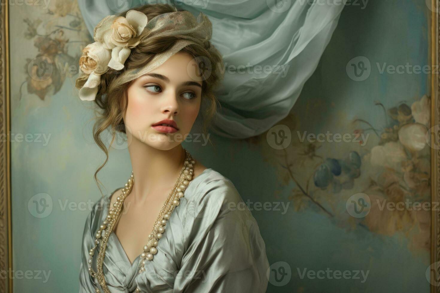 Model relishes bygone elegance framed in antique gold ivory and pastel blues photo