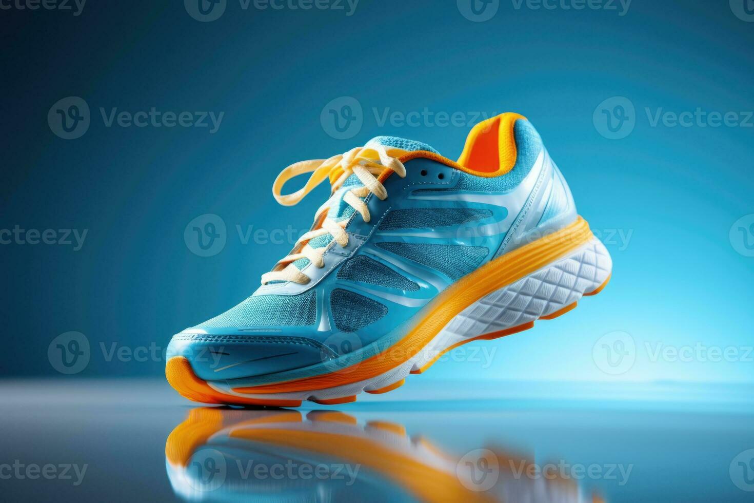 Closeup of runners shoe mid stride isolated on a gradient background photo