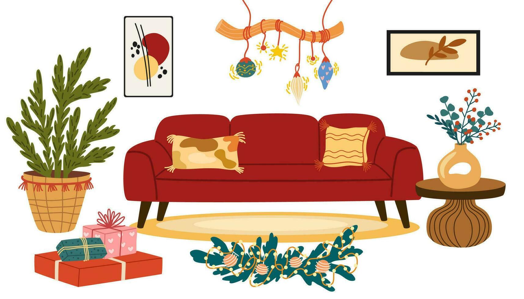 Christmas interior elements set. Couch, vase, candle, chair and table. Winter holiday house decorations. Cozy home furniture. Vector hand draw illustration isolated