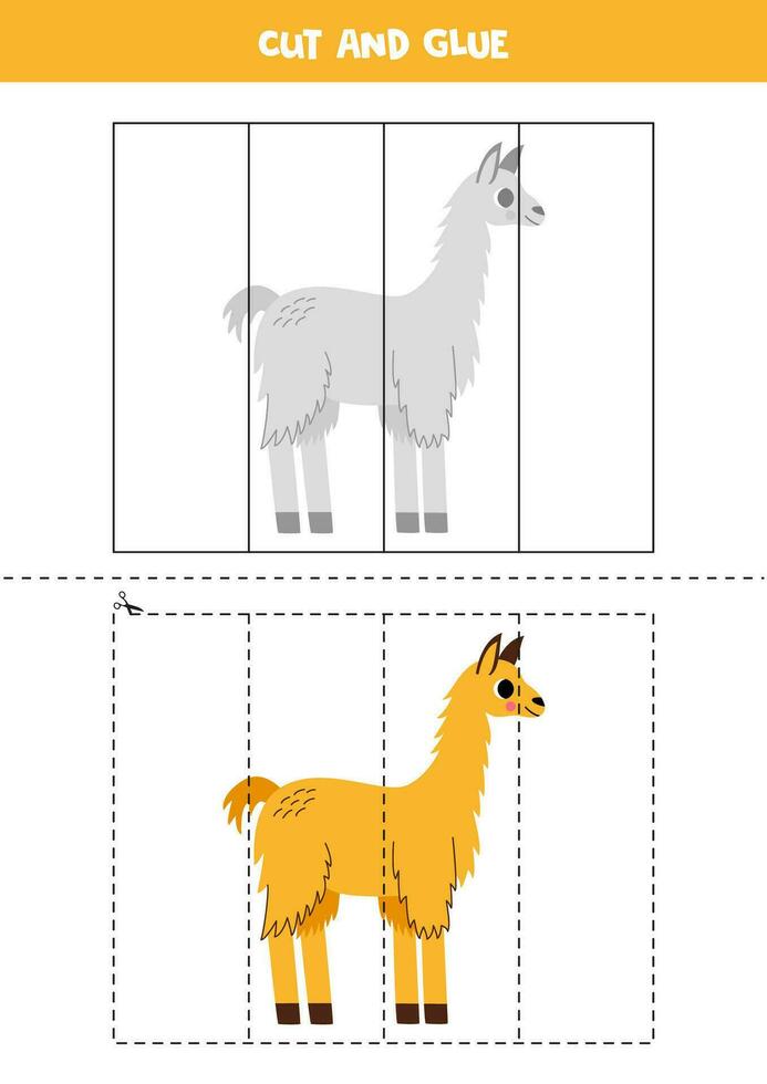 Cut and glue game for kids. Cute cartoon llama. vector