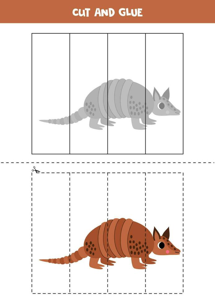 Cut and glue game for kids. Cute cartoon armadillo. vector