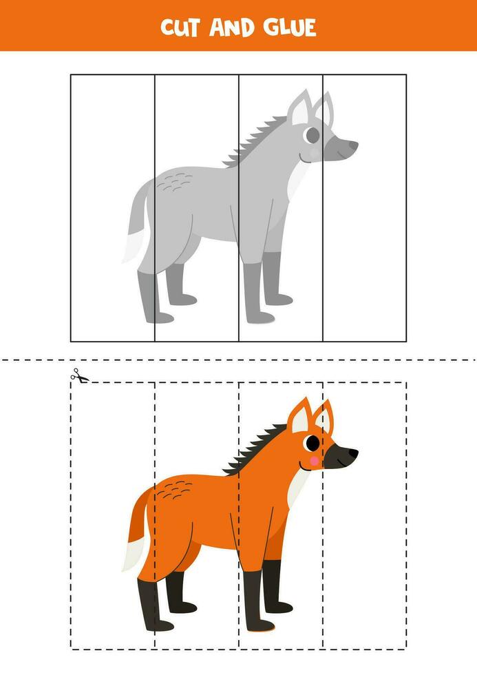 Cut and glue game for kids. Cute cartoon maned wolf. vector
