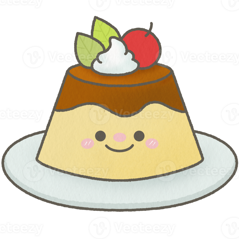 Cute sweet pudding custard topping whipped cream and cherry Character png