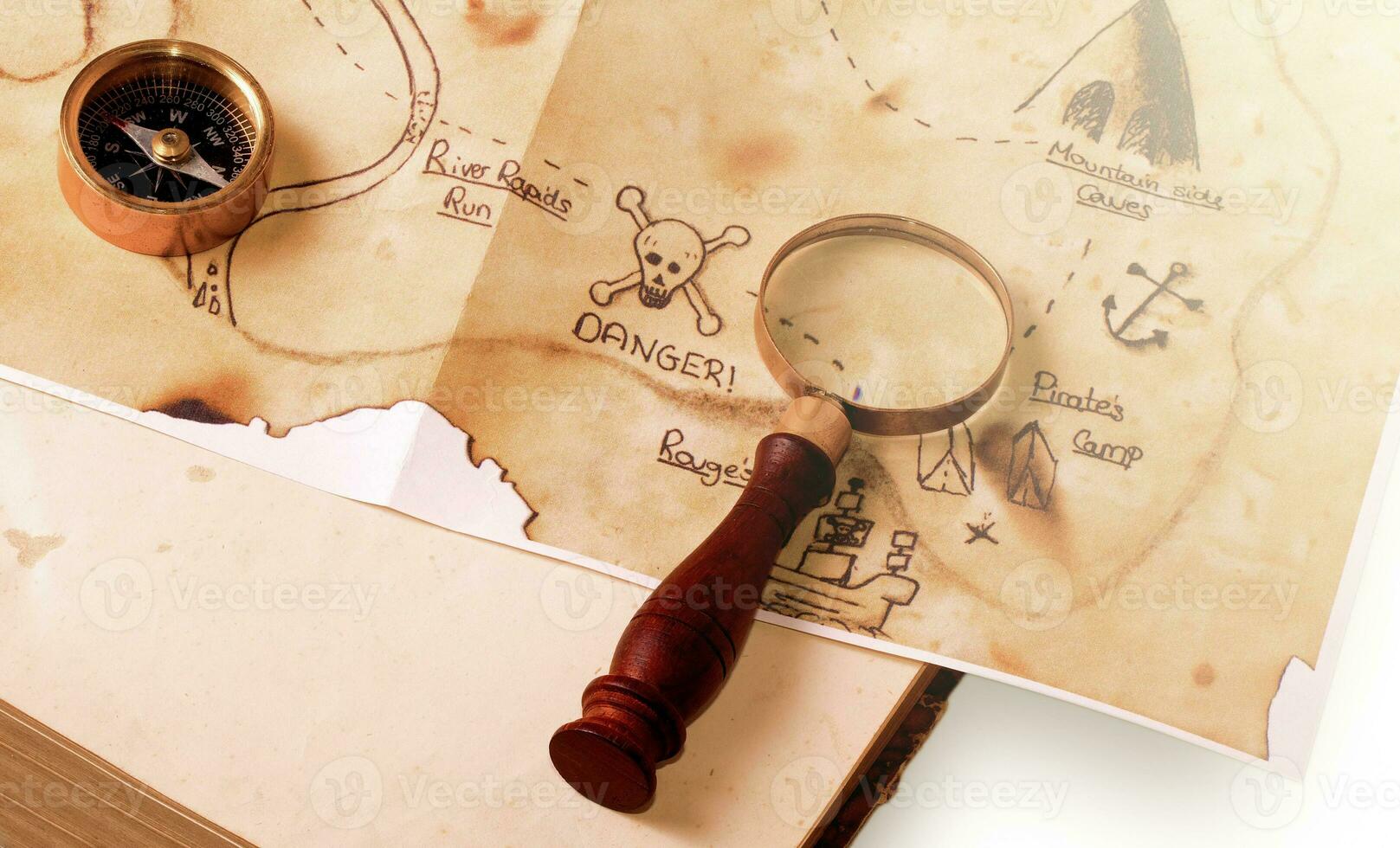 Compass, Magnifier and map on the book photo