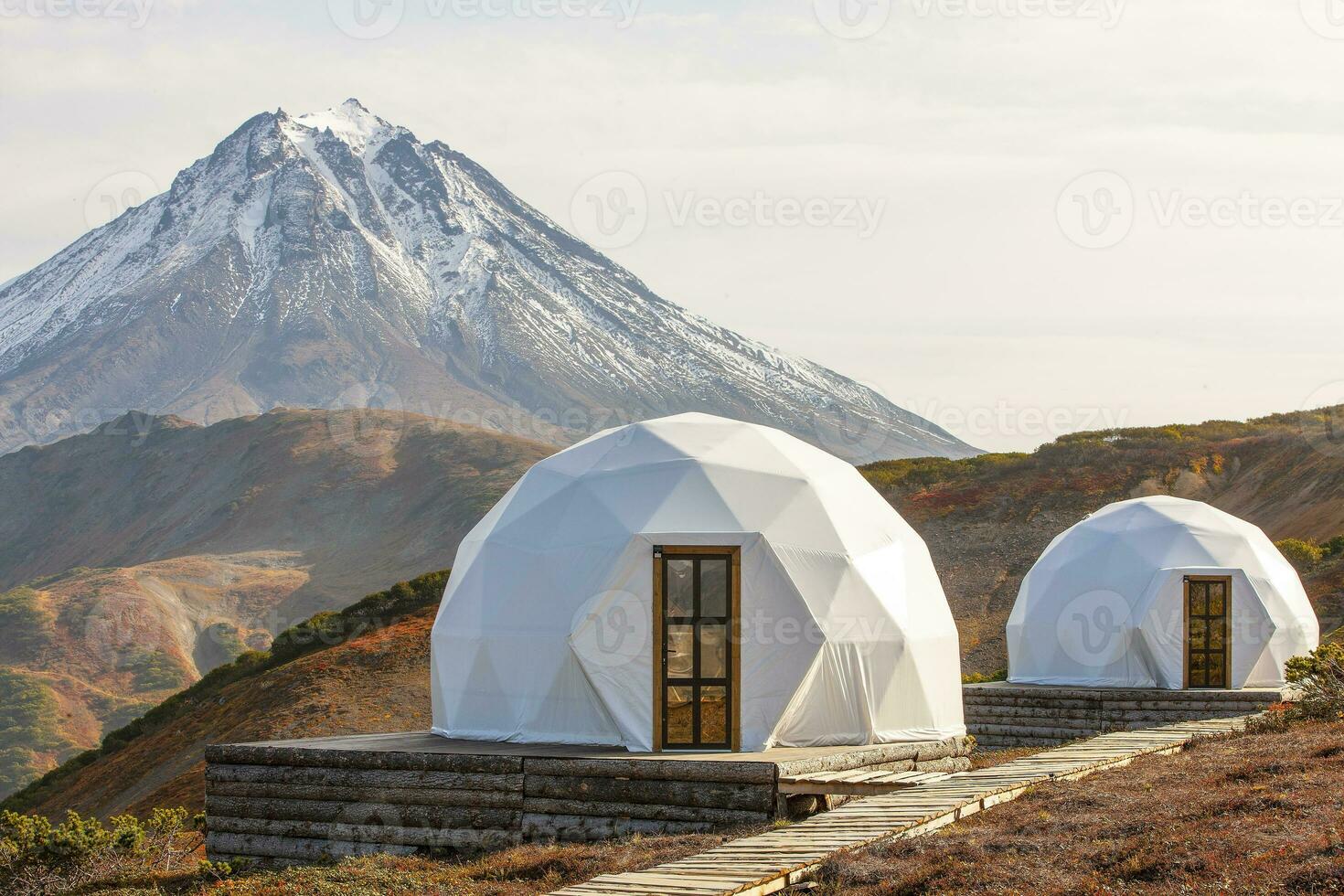 glamping on volcano in kamchatka peninsula in summer photo