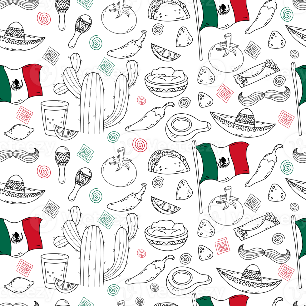 Mexican seamless pattern. Traditional elements culture, food and flag png