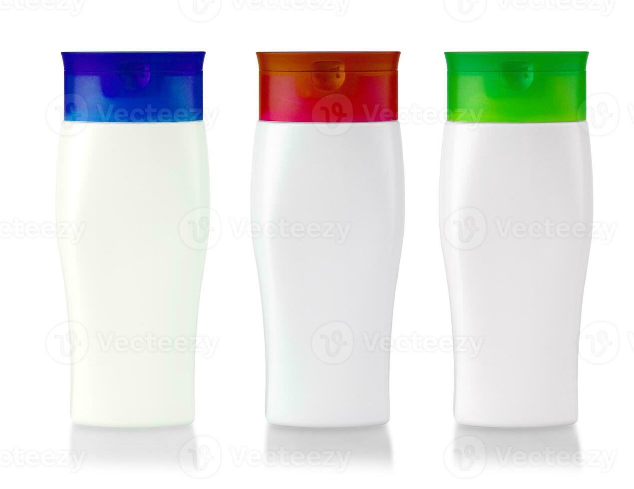 Set of White blank plastic bottles with collored lid isolated on white background photo