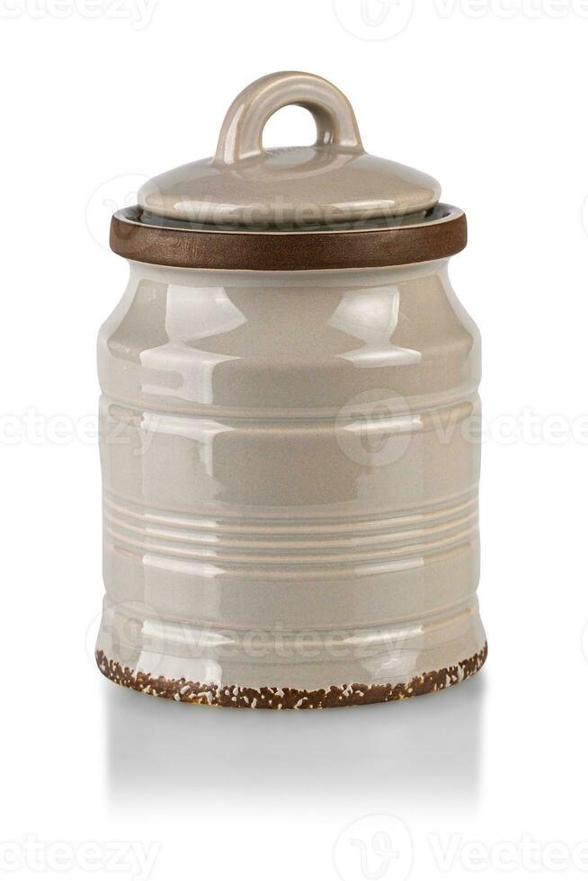 gray porcelain spice jar isolated on white background photo