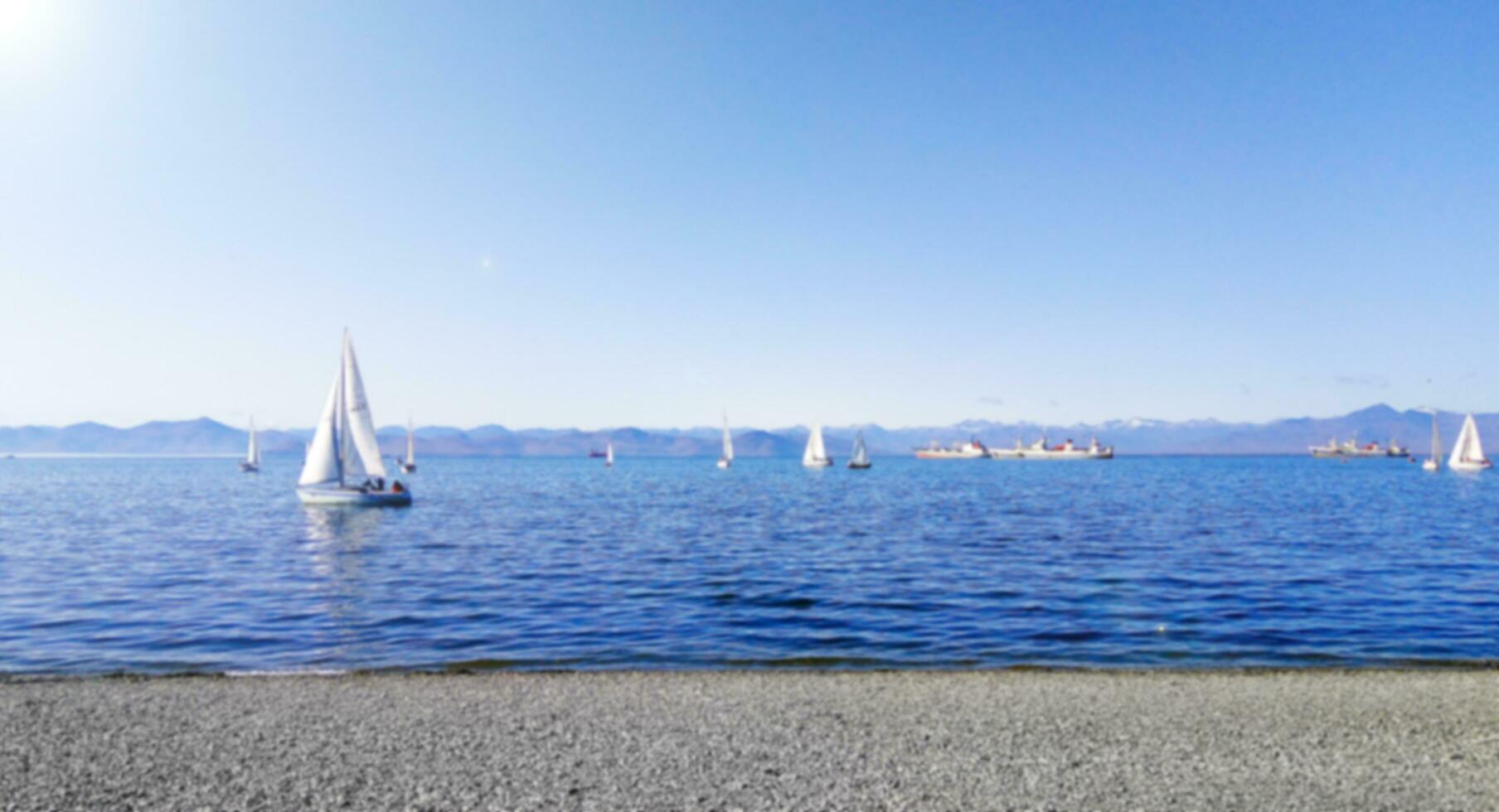 Blurred sailing regatta in Avacha bay on Kamchatka peninsula photo