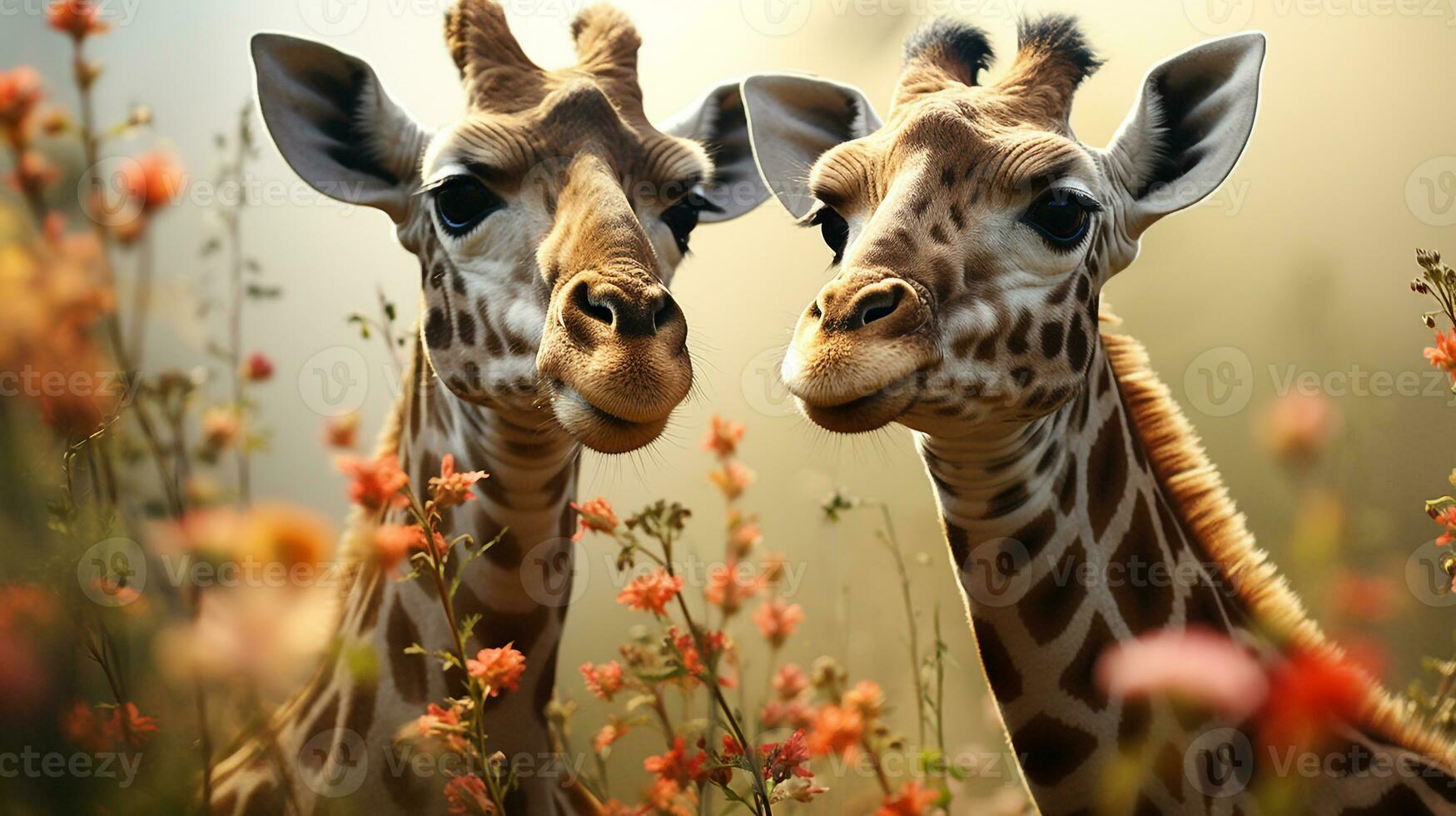 photo of heart-melting two Giraffes with an emphasis on expression of love. Generative AI