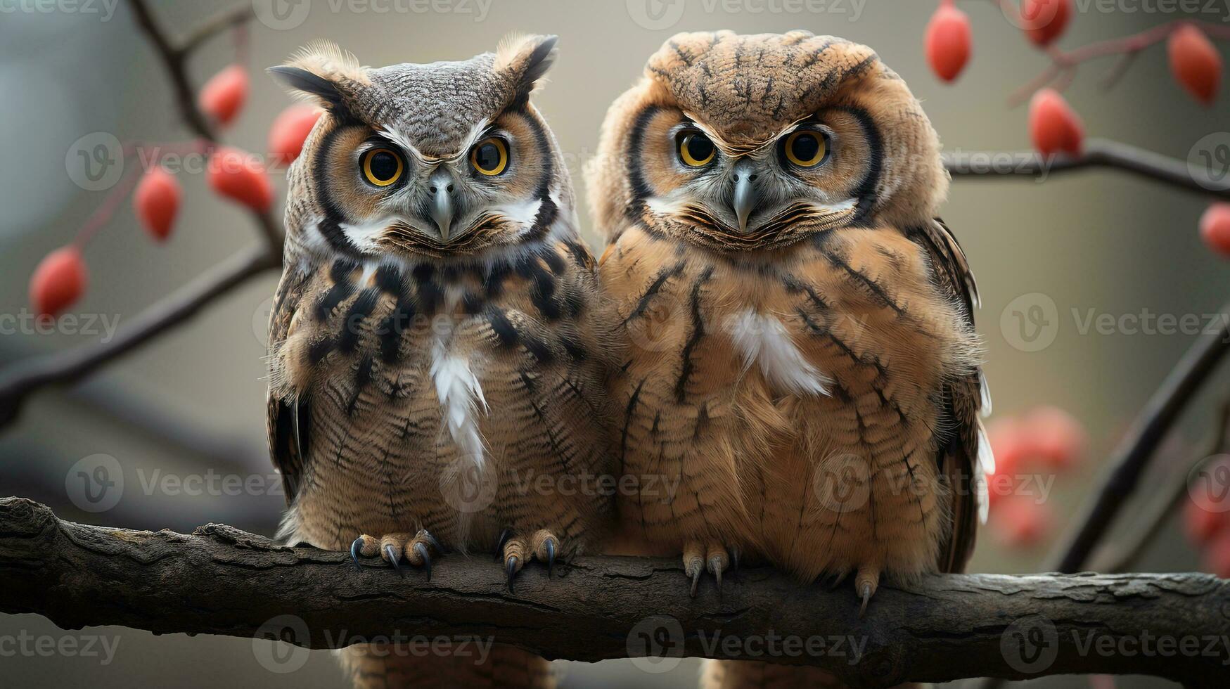 photo of heart-melting two Great Horned Owls with an emphasis on expression of love. Generative AI