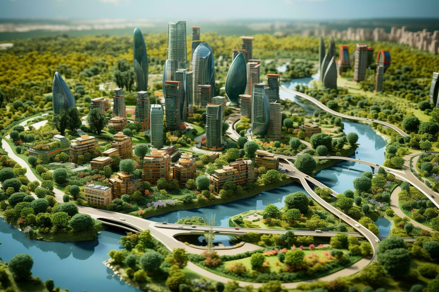 Layout, project of a modern city with a large green area. Greening and nature conservation concept. Generative AI photo