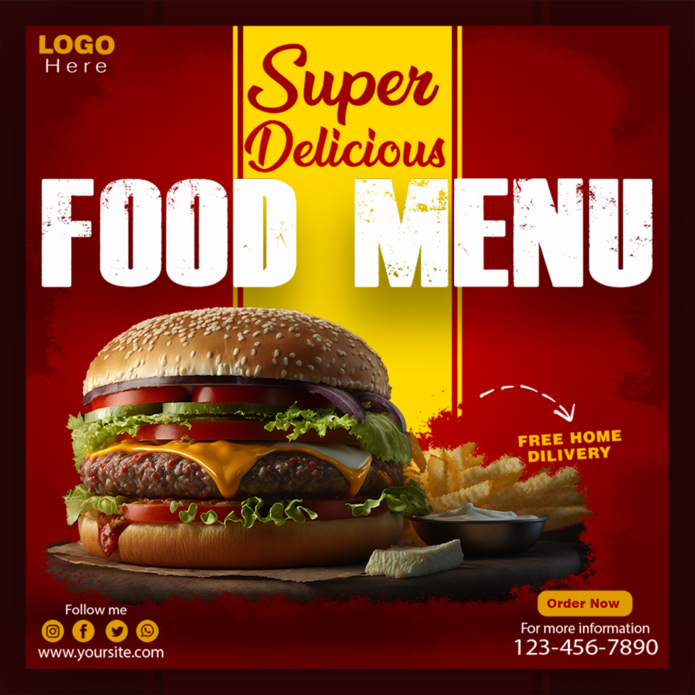 menu de comida e modelo de banner de mídia social de restaurante psd