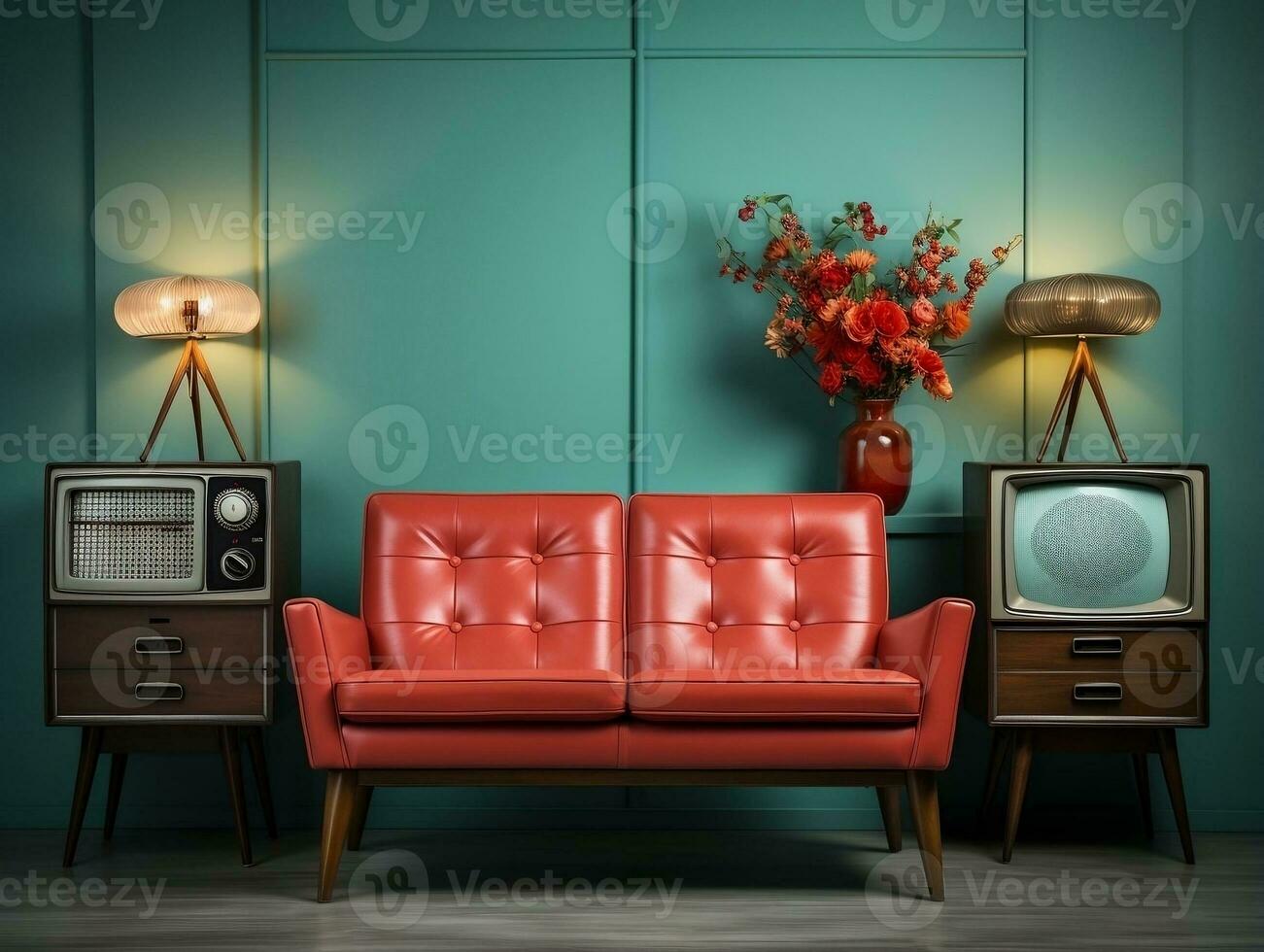 Vintage tv in a old living room with couch and tan chair AI Generative photo