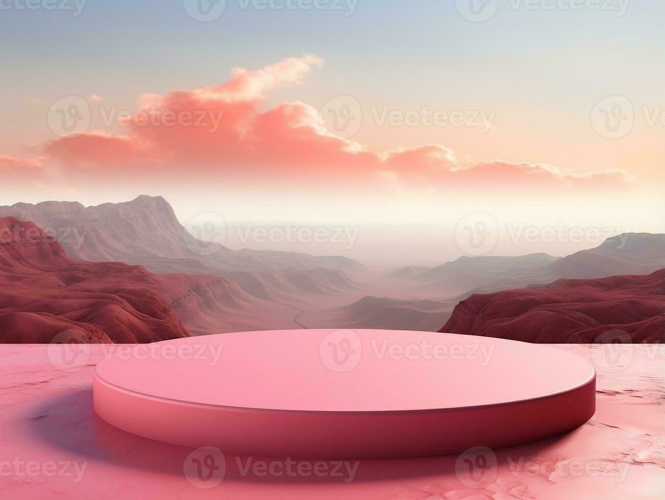 Blank pink podium with pink mountain scenery on a rock in the background AI Generative photo