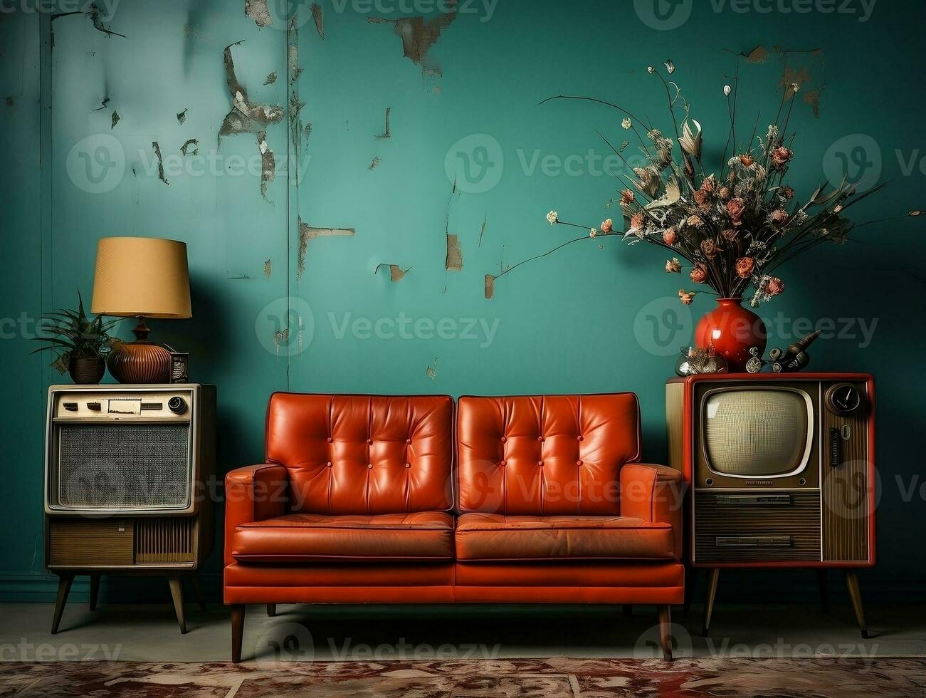 Vintage tv in a old living room with couch and tan chair AI Generative photo