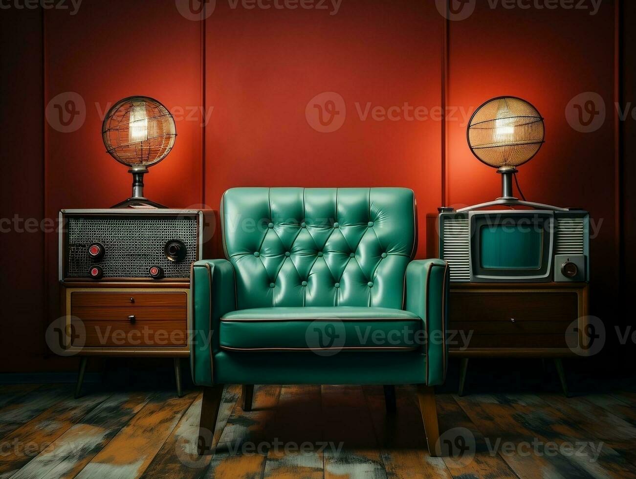 Clásico televisión en un antiguo vivo habitación con sofá y bronceado silla ai generativo foto