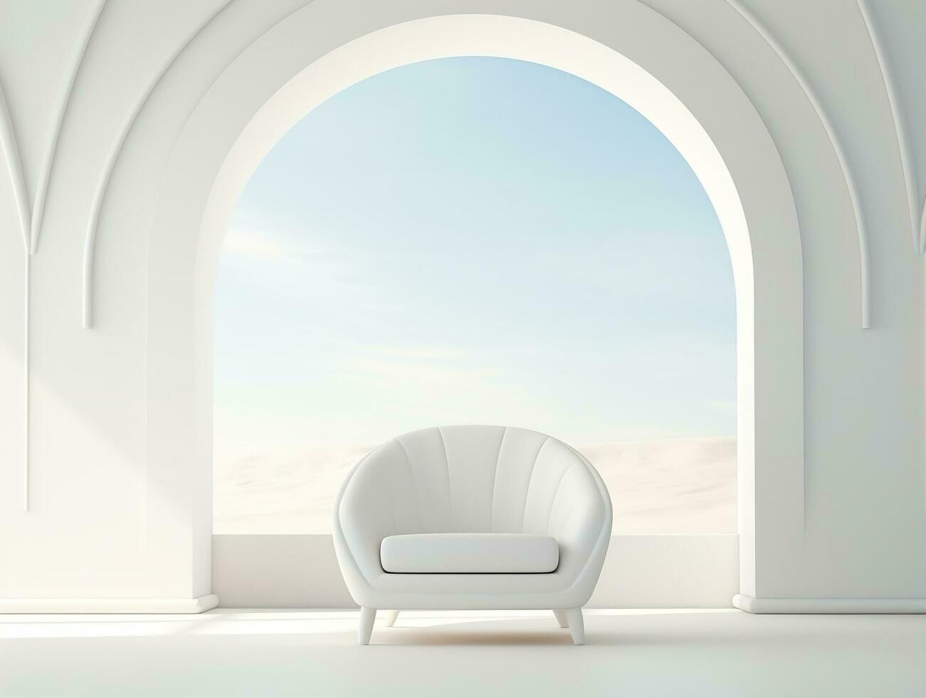 Modern white room with arching window and a chair AI Generative photo