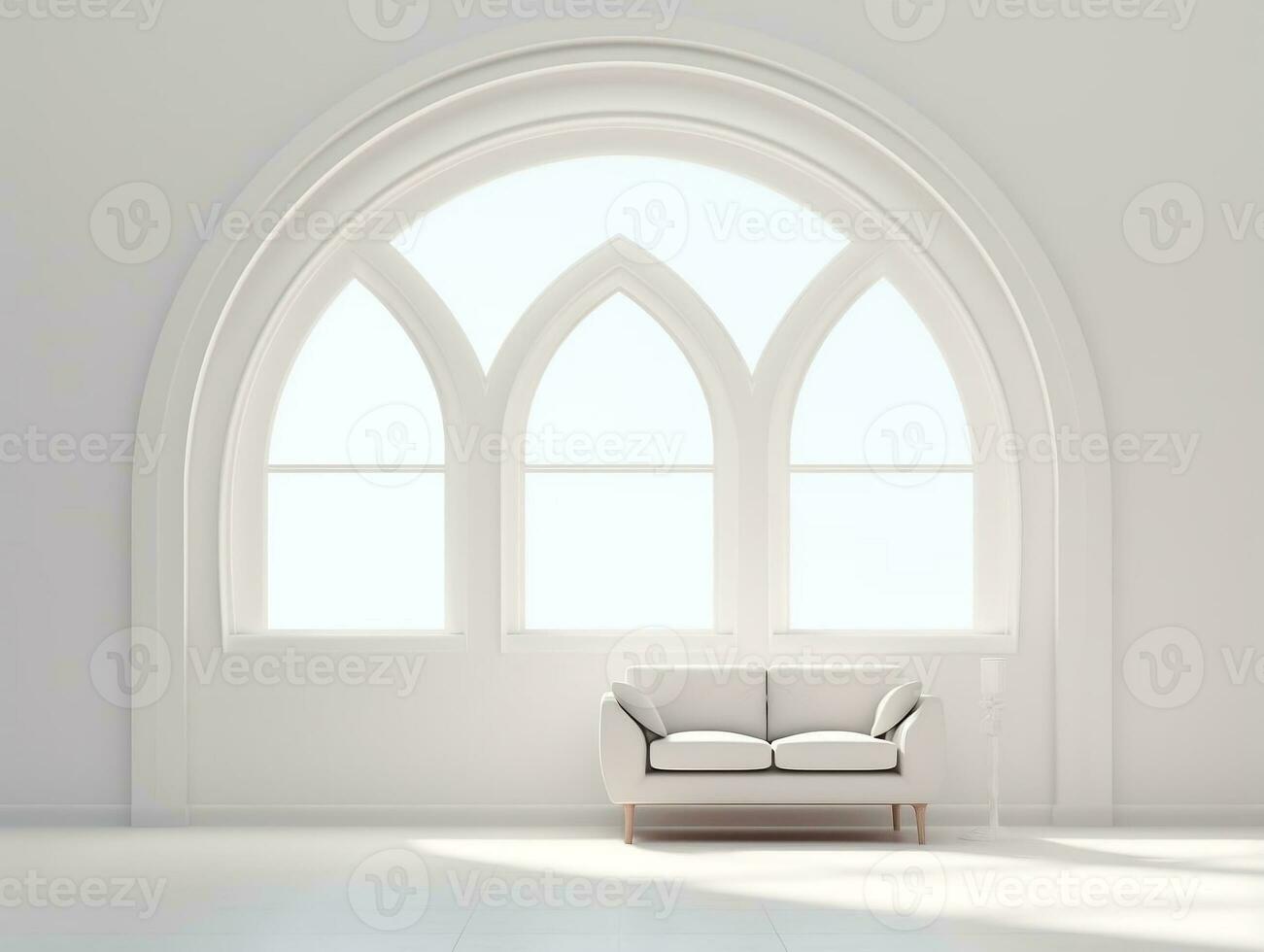 moderno blanco habitación con arqueo ventana y un silla ai generativo foto