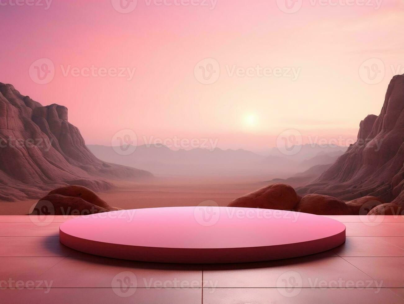 Blank pink podium with pink mountain scenery on a rock in the background AI Generative photo