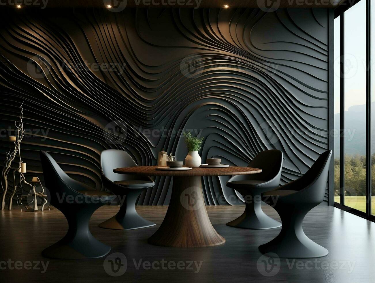 Abstract black wall panels modern luxury dining room with dining table and chairs AI Generative photo