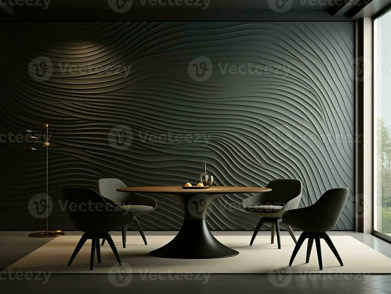 resumen negro pared paneles moderno lujo comida habitación con comida mesa y sillas ai generativo foto