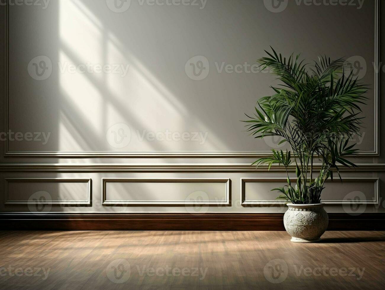Modern empty room with a green plant in a planter AI Generative photo