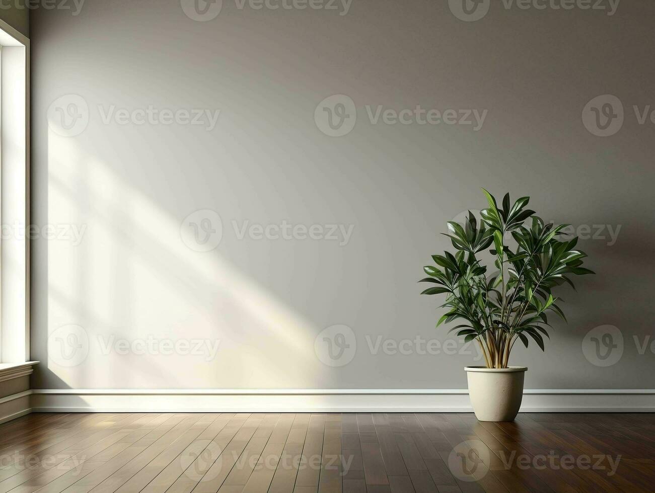 Modern empty room with a green plant in a planter AI Generative photo