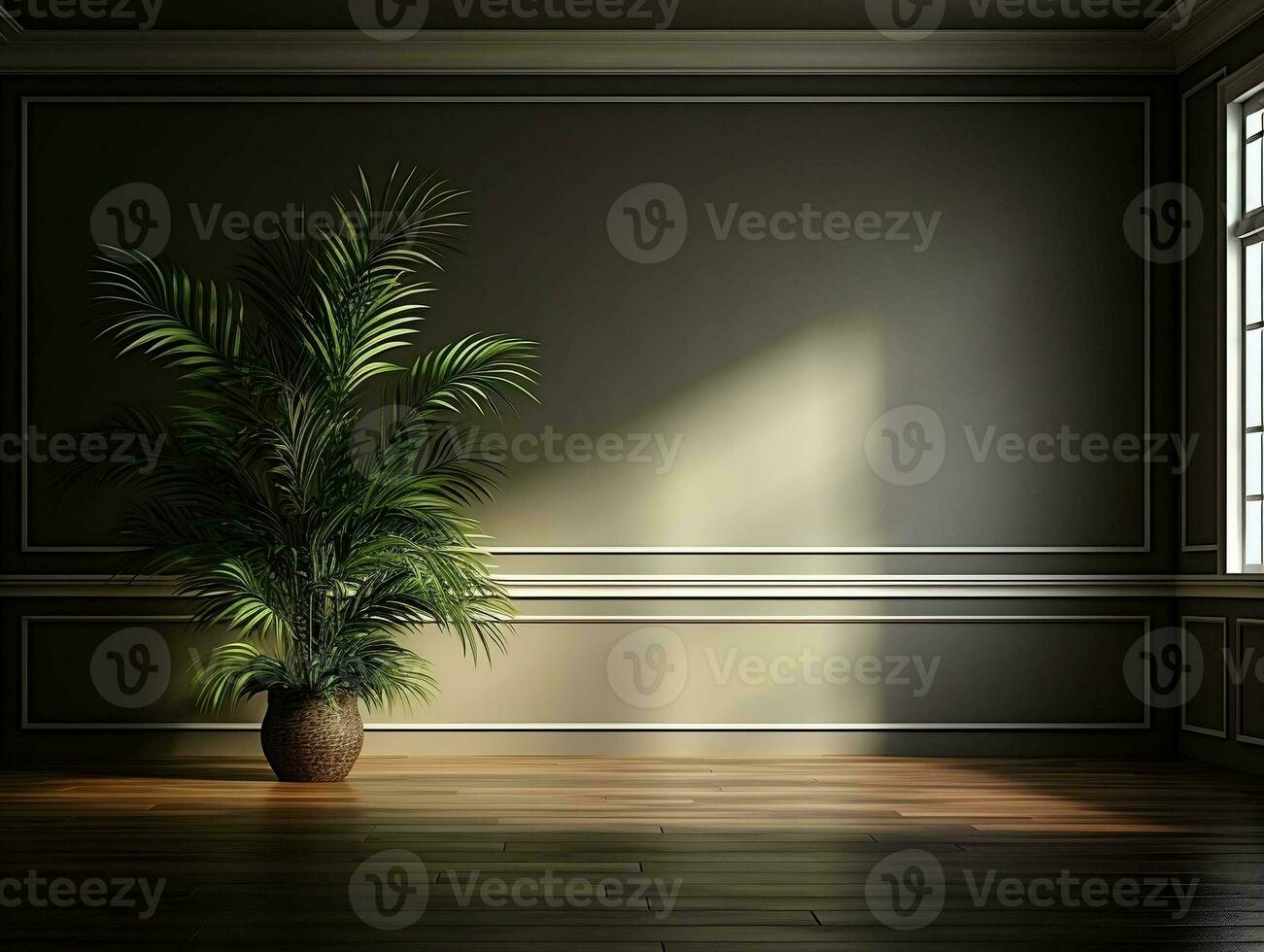 Modern empty room with a green plant in a planter AI Generative photo