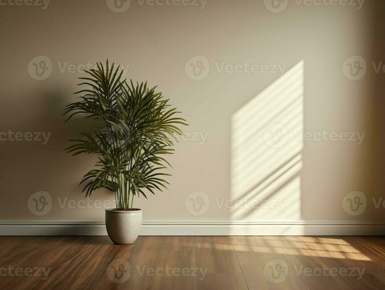 Modern empty room with a green plant in a planter AI Generative photo