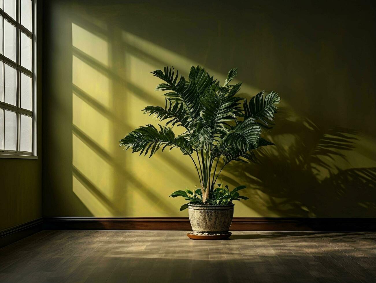 Modern empty room with a green plant in a planter AI Generative photo