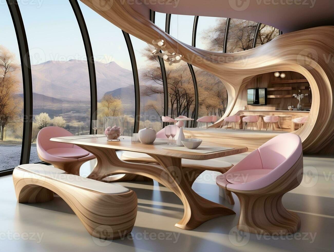 Futuristic design of a dining room is decorated with wood AI Generative photo