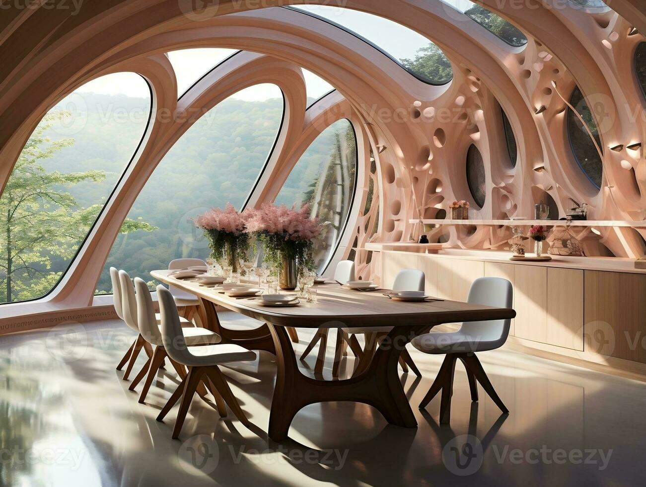 Futuristic design of a dining room is decorated with wood AI Generative photo