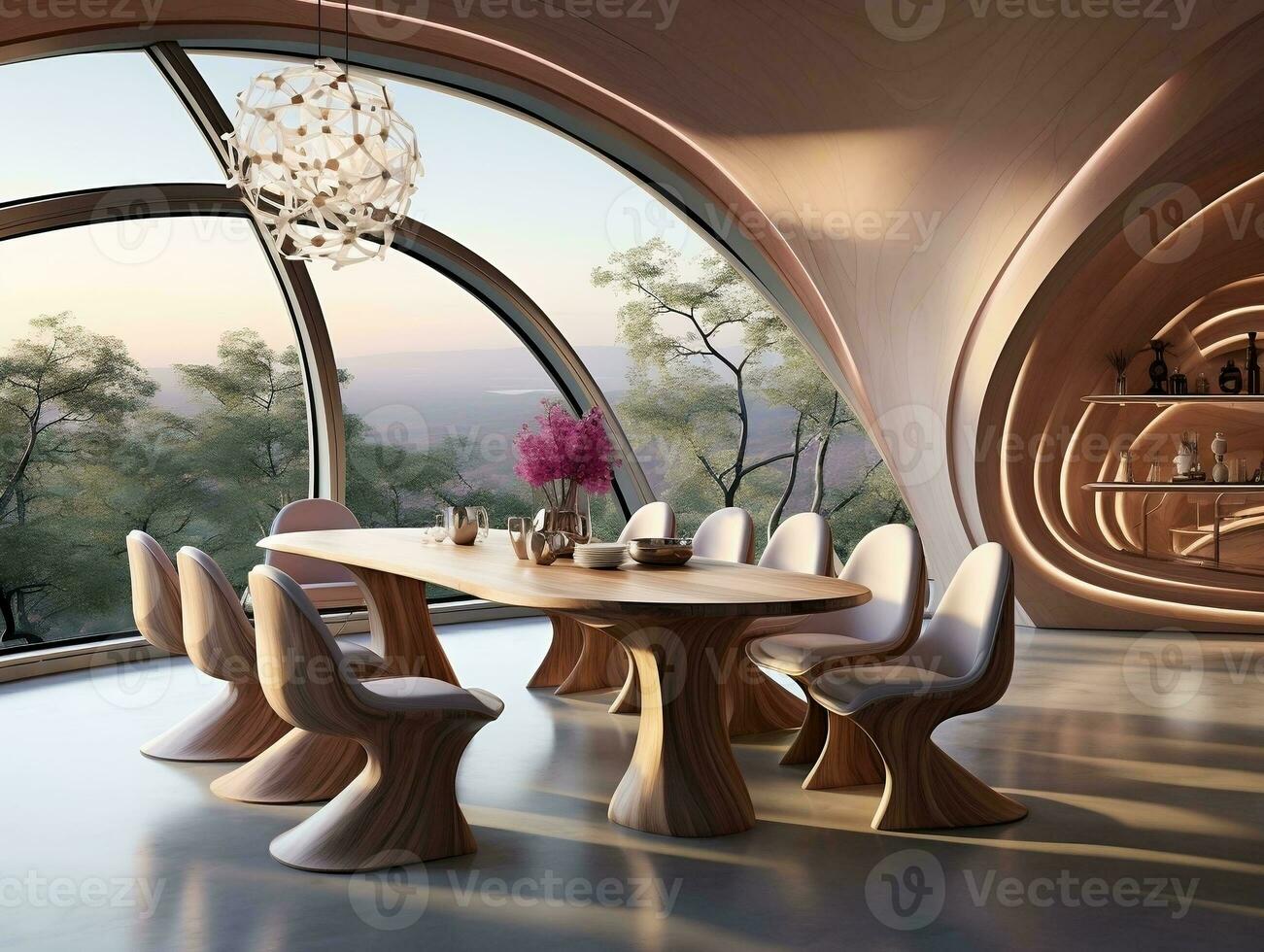 Futuristic design of a dining room is decorated with wood AI Generative photo