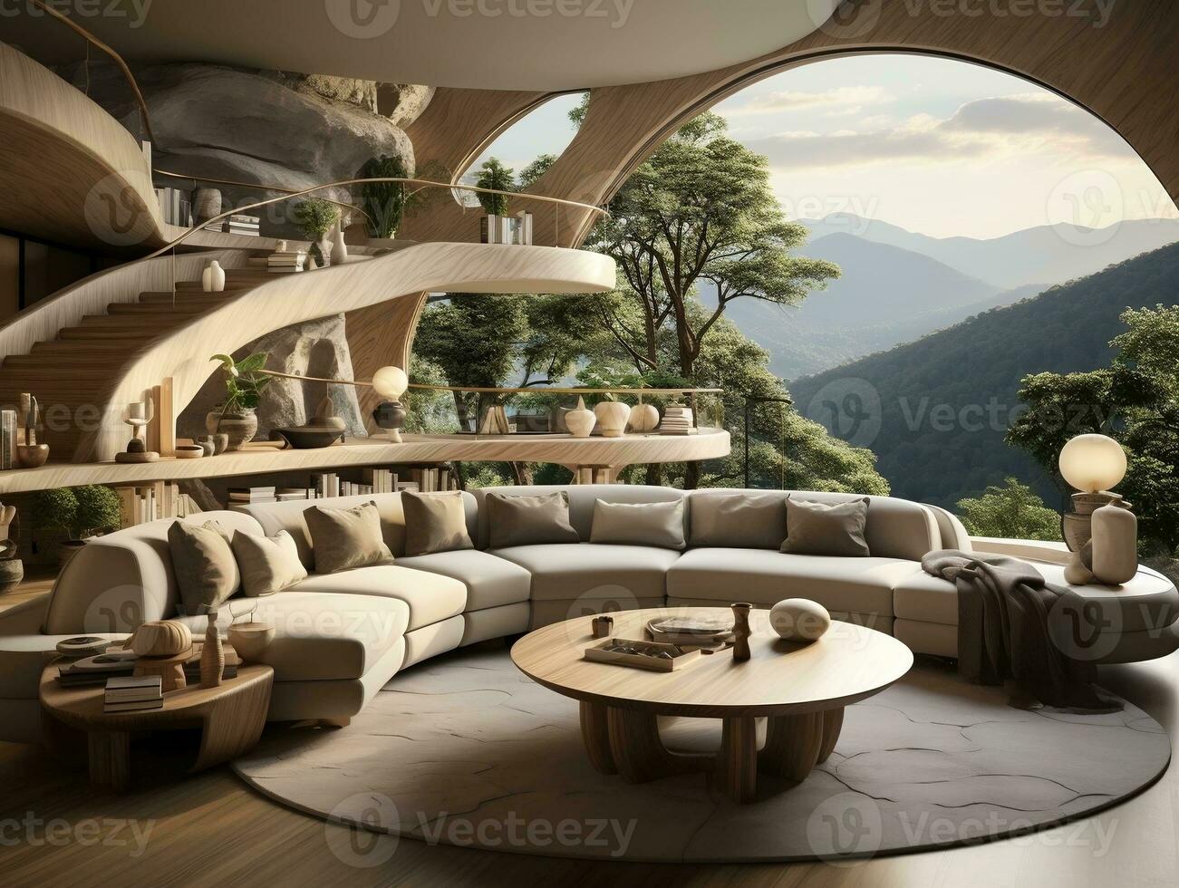 Modern interior of the living room has beige furniture and tables AI Generative photo