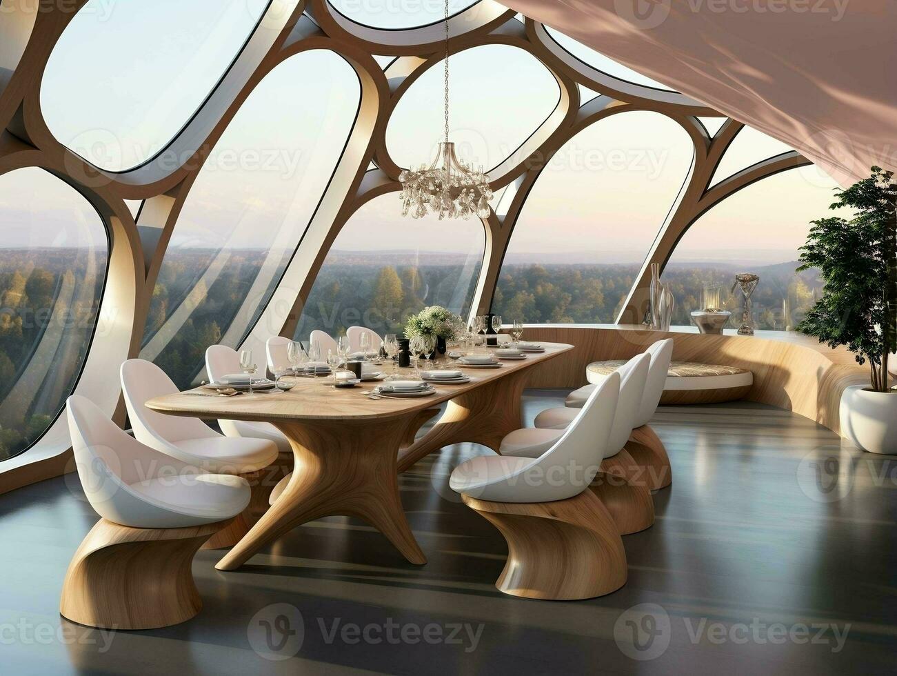Futuristic design of a dining room is decorated with wood AI Generative photo