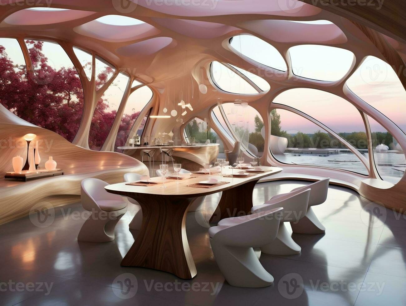 Futuristic design of a dining room is decorated with wood AI Generative photo