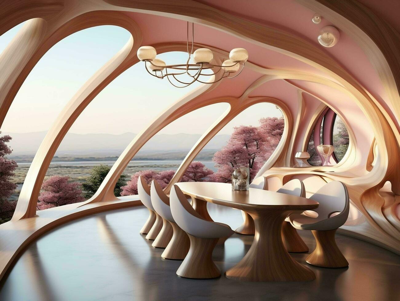 Futuristic design of a dining room is decorated with wood AI Generative photo