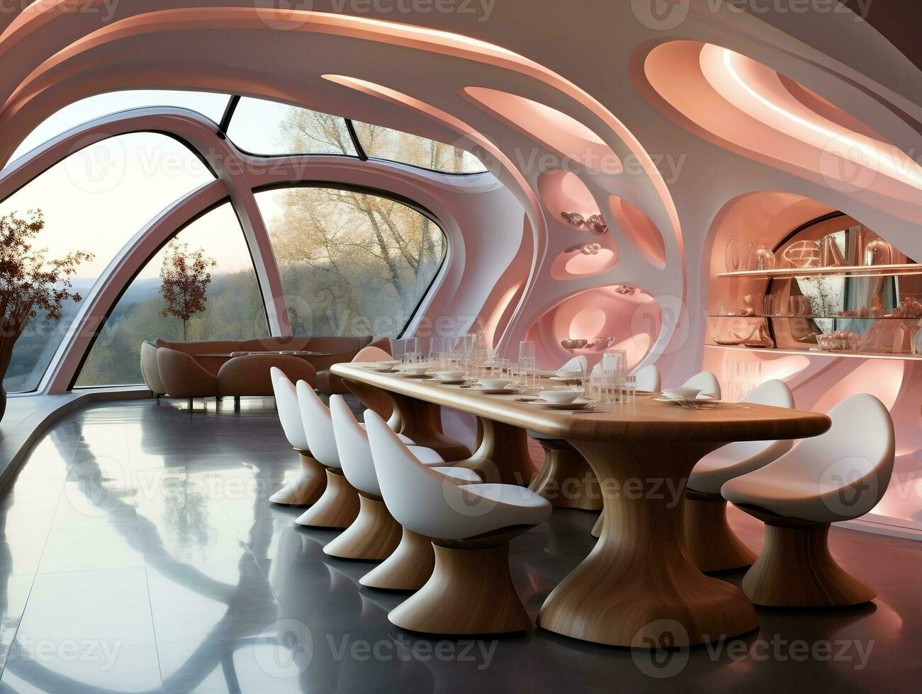 Futuristic design of a dining room is decorated with wood AI Generative photo