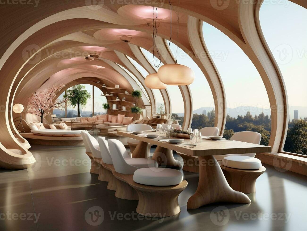 Futuristic design of a dining room is decorated with wood AI Generative photo
