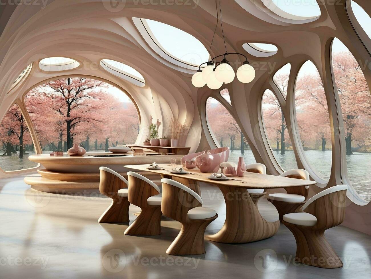 Futuristic design of a dining room is decorated with wood AI Generative photo