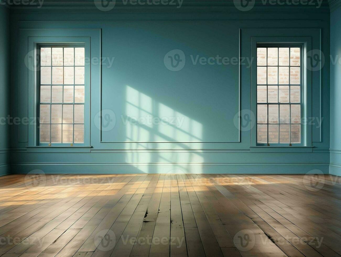 Empty blue room with wood floor and window AI Generative photo