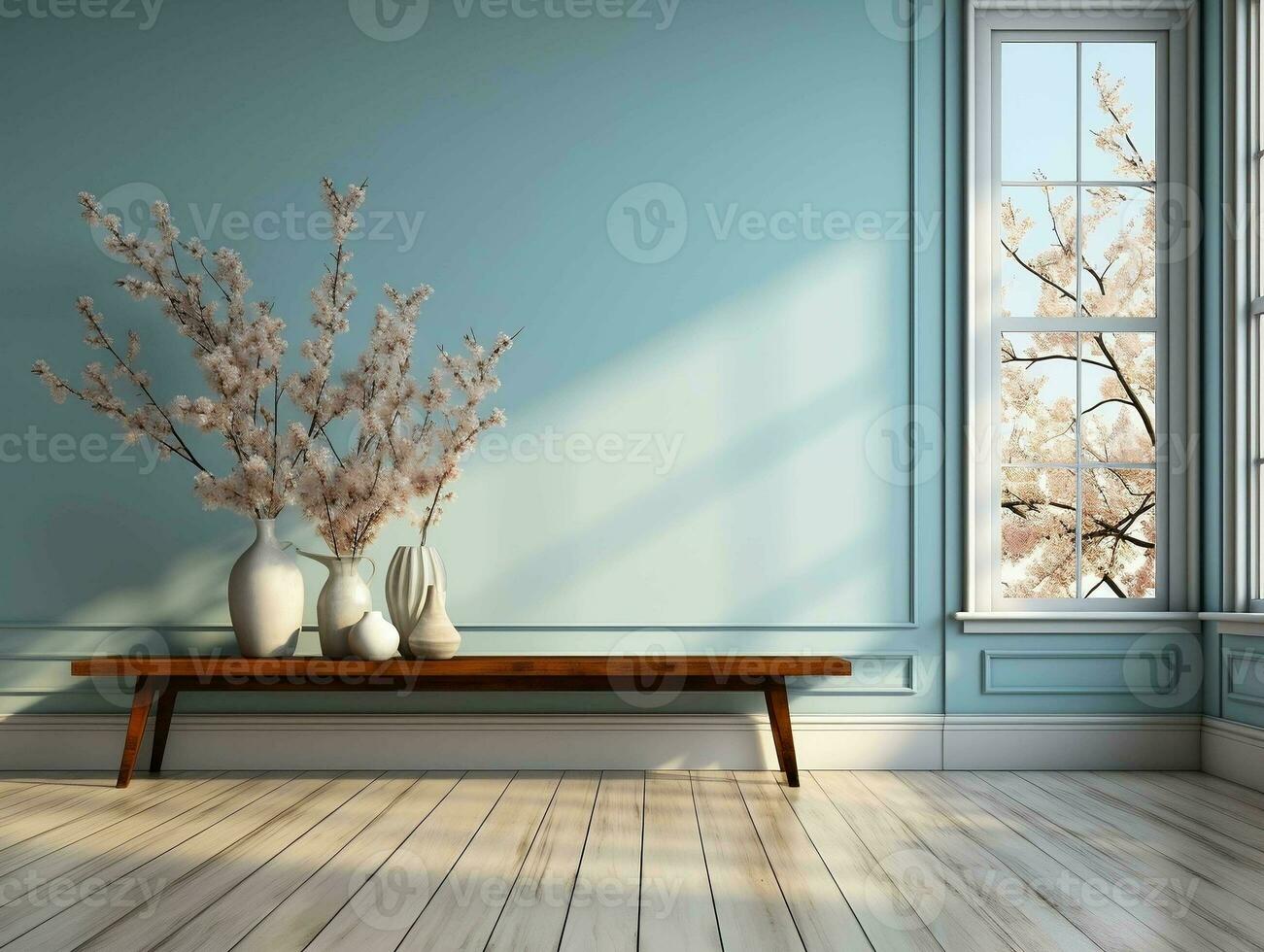 Empty blue room with wood floor and window AI Generative photo
