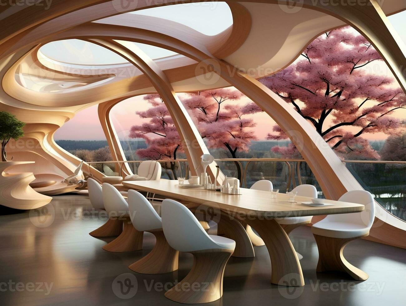 Futuristic design of a dining room is decorated with wood AI Generative photo