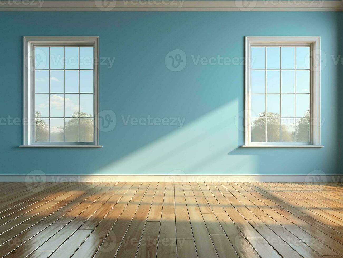 vacío azul habitación con madera piso y ventana ai generativo foto