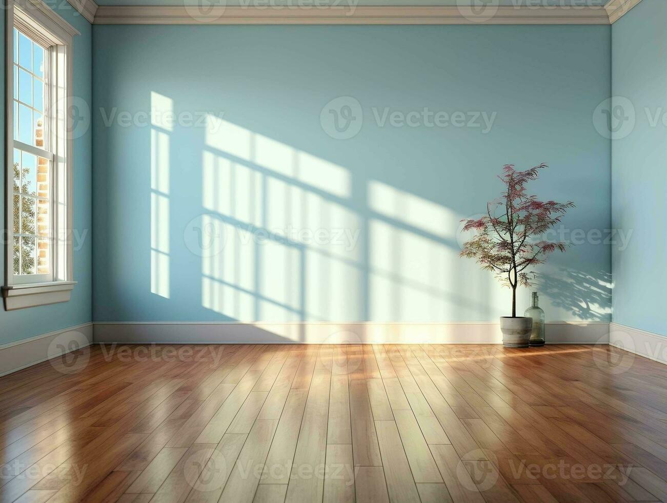 Empty blue room with wood floor and window AI Generative photo