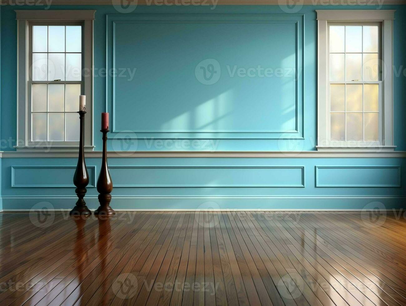 Empty blue room with wood floor and window AI Generative photo