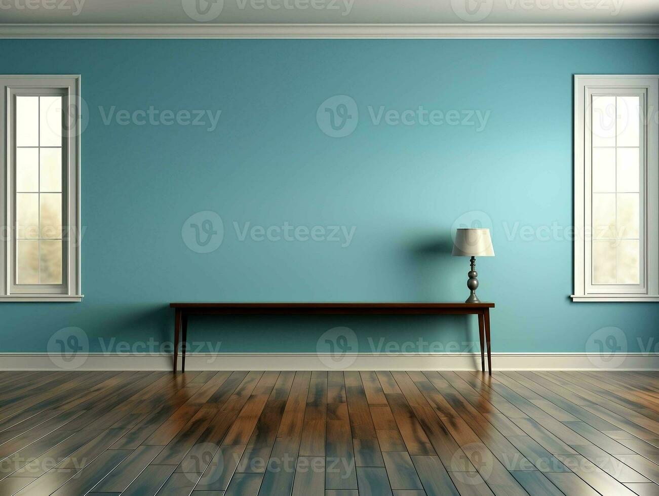 Empty blue room with wood floor and window AI Generative photo