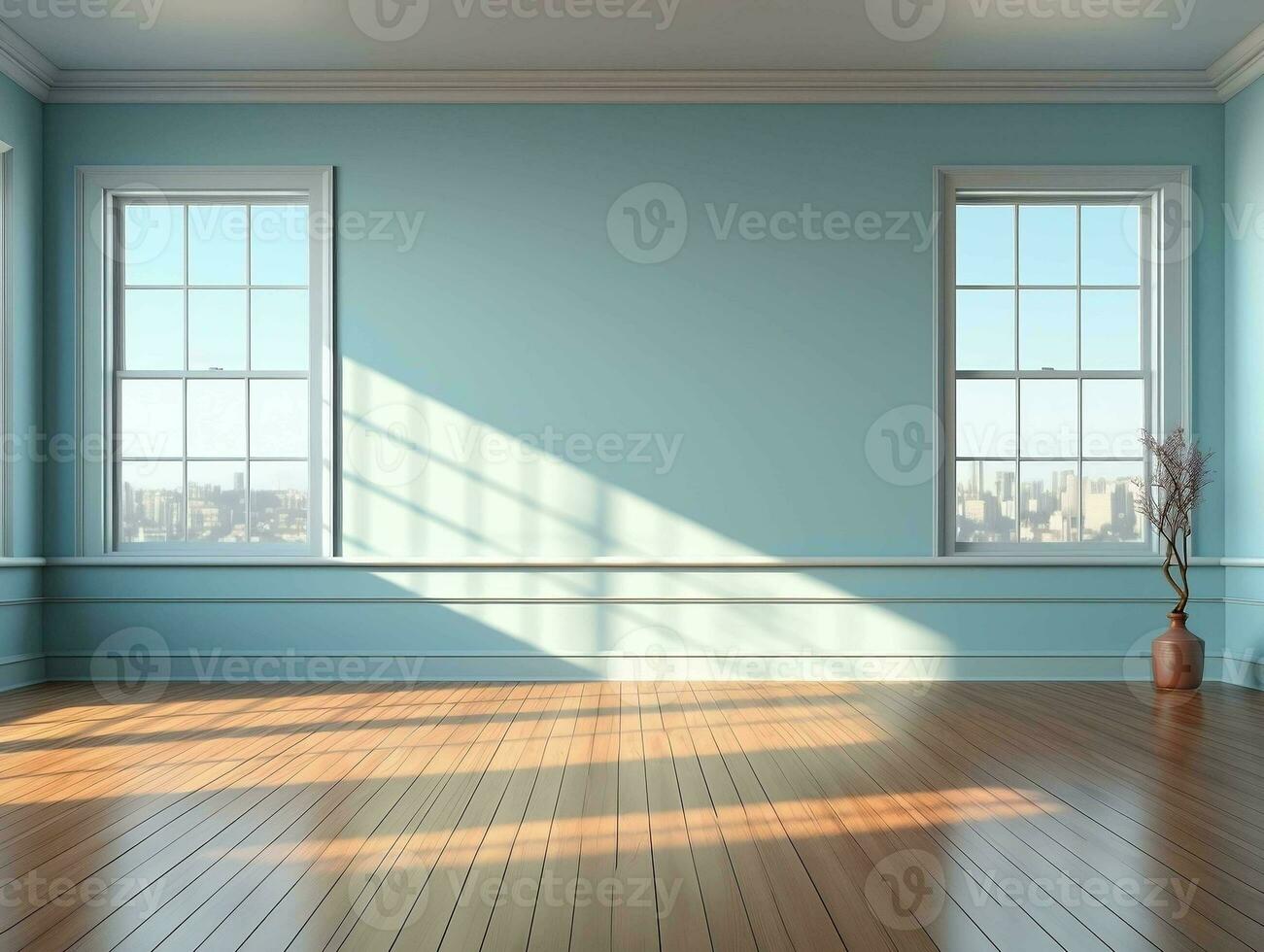 Empty blue room with wood floor and window AI Generative photo