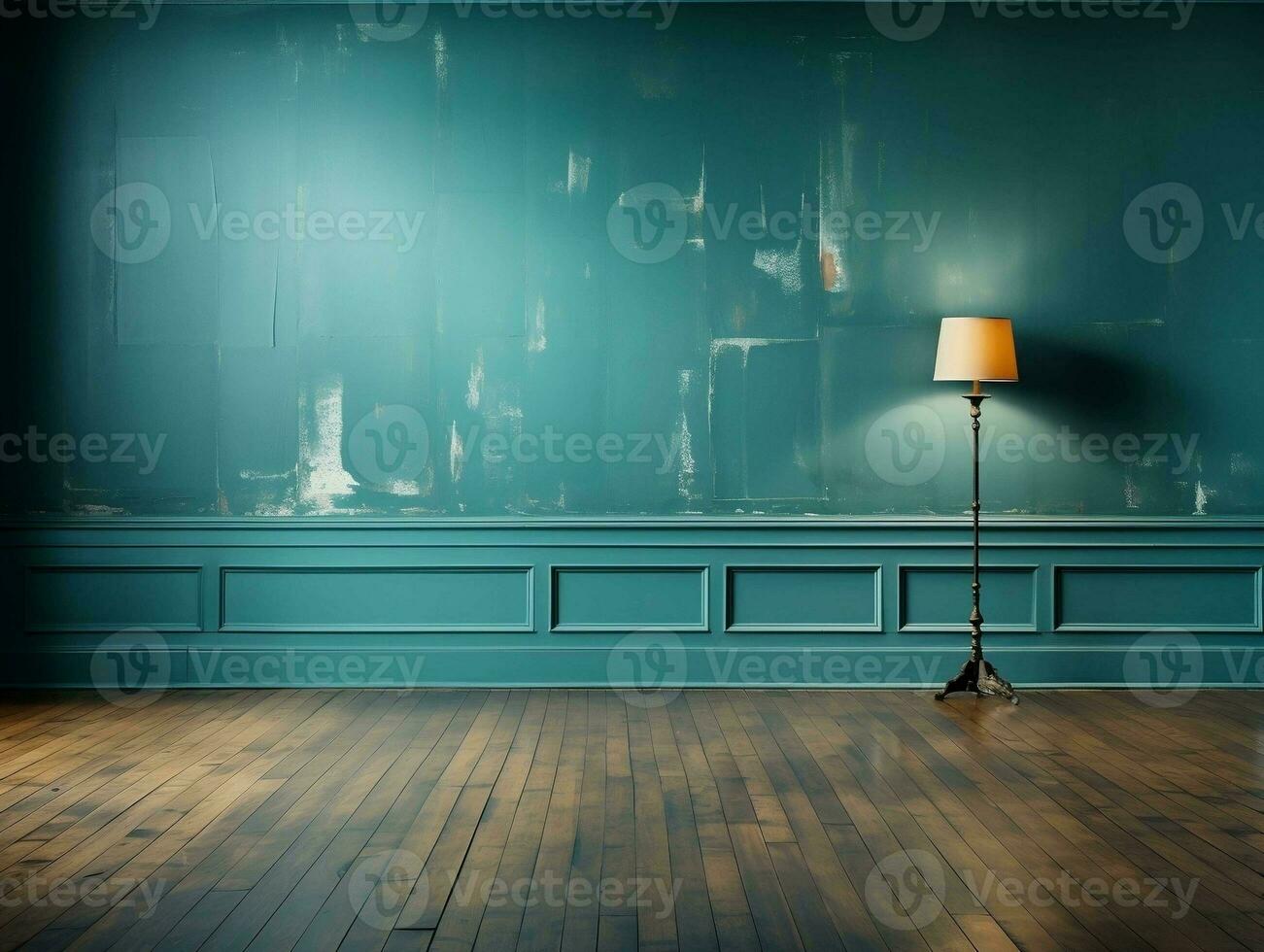 Empty blue room with wood floor and window AI Generative photo